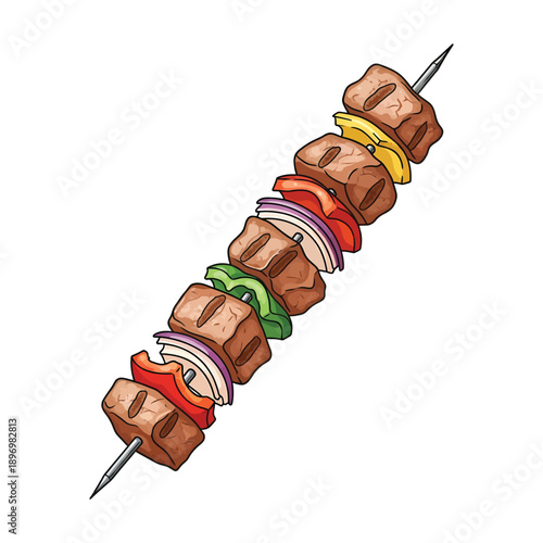 Colorful illustration of a meat and vegetable kebab on a metal skewer against a white background