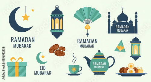 Ramadan Kareem Islamic Holiday Celebration Icons Set.