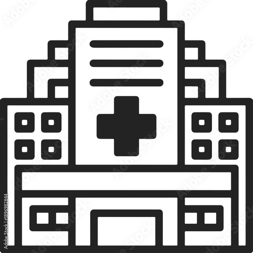 A sleek line icon representing a modern hospital building with a clear medical cross symbol