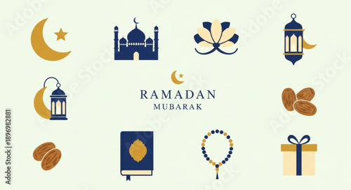Ramadan Kareem Islamic icons and symbols collection.