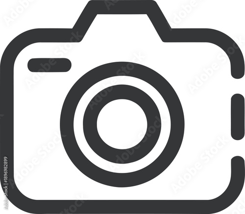 A minimalist, dark gray outline icon clearly represents a standard digital camera body with a prominent central lens.