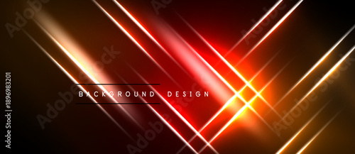 Dynamic abstract background. Bright neon lines intersect, creating vibrant energy. Red, orange, yellow hues dominate dark space.