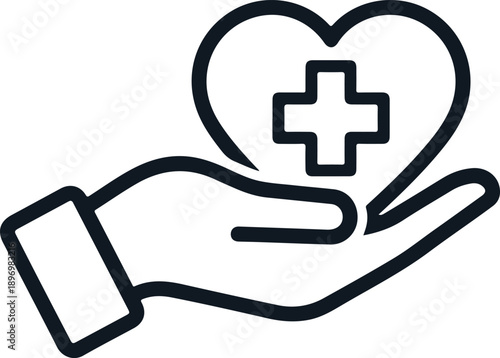 Hand holding a heart with a medical cross, symbolizing health, care, and medical support
