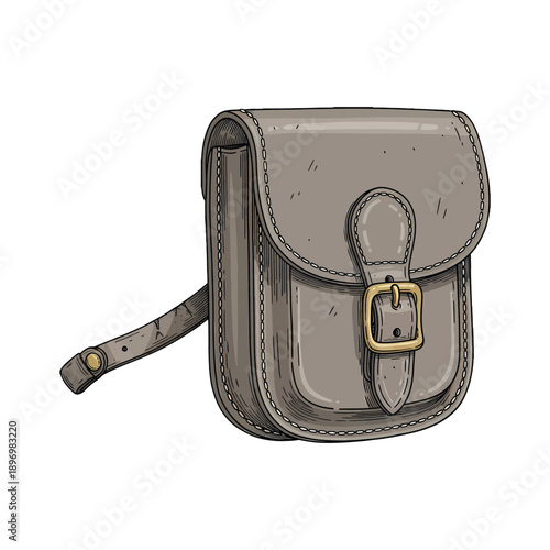 Illustration of a gray leather shoulder bag with gold buckle on a white background