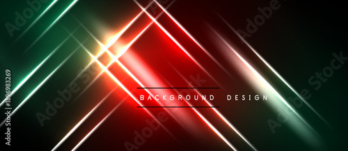 Abstract neon lines intersect, creating vibrant red, green glow. Dark background emphasizes bright illumination, modern design element.