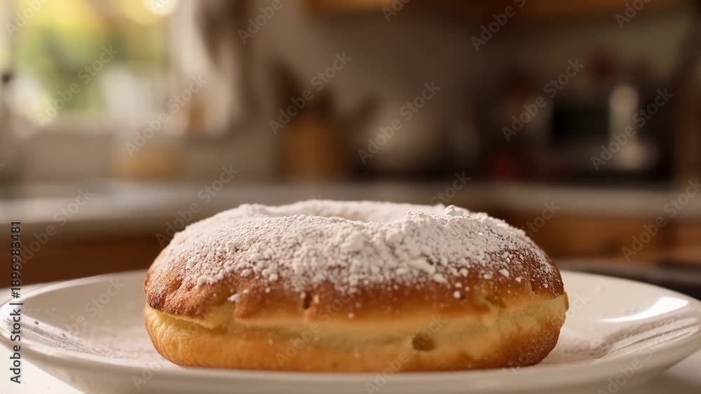 custom made wallpaper toronto digitalA sweet, steaming hot, sugary donut on a white plate in a blurred kitchen background, possibly for a recipe or food blog