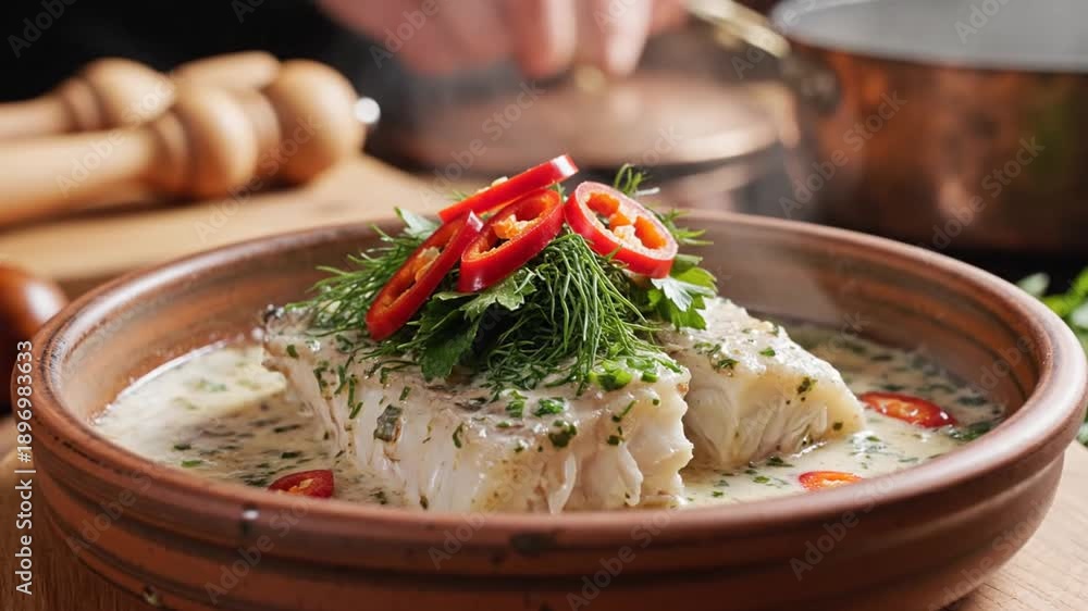 custom made wallpaper toronto digitalA traditional culinary dish with white fish fillet, herbs and chili peppers in a clay bowl on a wooden plate, with a pot in the background, possibly for a recipe or food blog