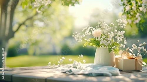 Wallpaper Mural White vase with flowers on a table next to a brown box Torontodigital.ca