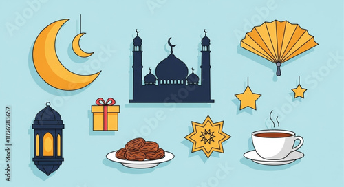 Ramadan Islamic Symbols Collection with Mosque Crescent Moon and Dates.