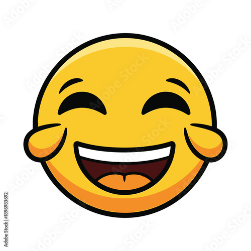 A cartoon laughing emoji face with closed eyes on a white background