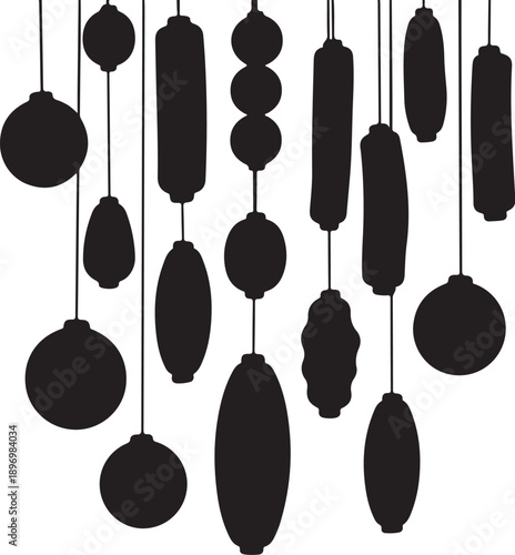 Black Silhouette Ornaments Hanging from Strings on White Background