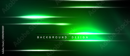 Dark green background features bright horizontal lines. Text reads background design centered below glowing streaks. Modern, sleek aesthetic.