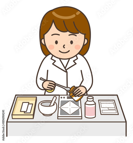 散剤の秤量をしている調剤中の若い女性薬剤師のイラスト