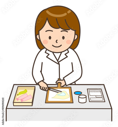 軟膏を混合する調剤をしている若い女性薬剤師ラのイラスト