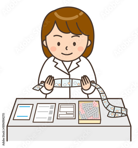 調剤された薬を鑑査する若い女性薬剤師