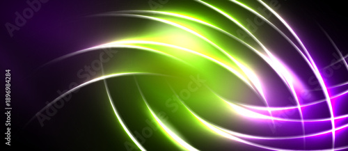 Abstract vibrant lines swirl, creating luminous energy. Purple, green hues dominate dark background. Dynamic composition evokes movement.