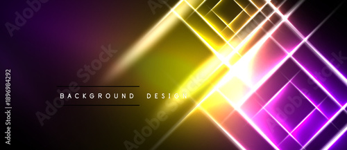 Abstract neon lights create vibrant gradient background. Diagonal lines intersect, forming geometric patterns. Design features bright yellow, purple hues.