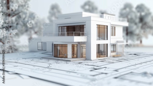 3d rendering project of new building model house on blueprint plan
