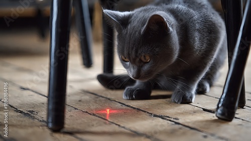 Grey cat chasing a laser pointer.