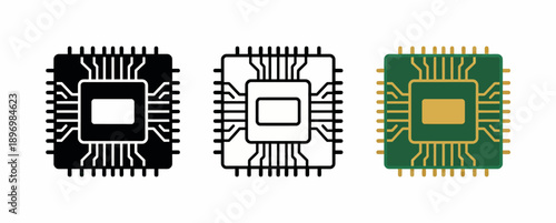 Artisan Computer Microchip Icon Set featuring Semiconductor Processor Design in Silhouette, Minimalist Outline, and Deep Green with Gold Circuit Graphic Styles