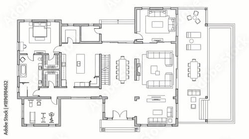 Detailed 2D Residential Architectural Floor Plan for Luxury Modern Home featuring Open Concept Living Room, Professional Kitchen, Multiple Bedrooms, and Extensive Outdoor Terrace with Pool Deck