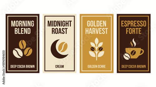 Artisan Coffee Label Set featuring Minimalist Bean, Moon, and Cup Graphics in Deep Cocoa Brown, Cream, and Golden Ochre Classic Packaging Styles