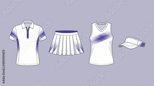 "Athletic League" Professional Women’s Tennis Uniform Set with Minimalist Purple Gradient Graphic Accents featuring Performance Polo, Pleated Skirt, Training Singlet, and Sun Visor