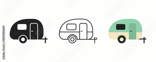 Retro Teardrop Camper Icon Set featuring Vintage Caravan Design in Silhouette, Minimalist Outline, and Two-Tone Mint Green and Cream Graphic Styles