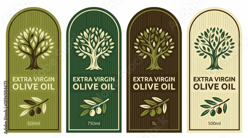 Artisan Extra Virgin Olive Oil Label Set featuring Mediterranean Tree and Olive Branch Graphics in Olive Green, Forest, and Deep Umber Natural Wood Texture Styles