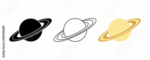 Artisan Saturn Planet Icon Set featuring Celestial Ringed Design in Silhouette, Minimalist Outline, and Natural Pale Yellow Graphic Styles