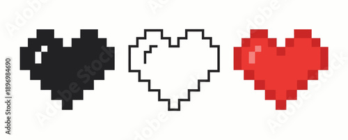 Retro 8-Bit Pixel Heart Icon Set featuring Classic Video Game Life Symbol in Silhouette, Minimalist Outline, and Vibrant Red Glossy Graphic Styles
