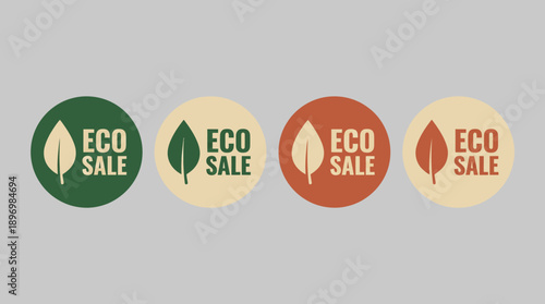 Eco Sale Promotional Sticker Set featuring Minimalist Leaf Graphics in Natural Forest Green, Earthy Terracotta, and Vintage Cream Circular Badge Styles