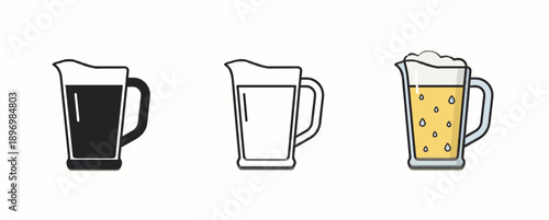 Artisanal Glass Beer Pitcher Icon Set featuring Draft Beverage Design in Silhouette, Minimalist Outline, and Realistic Golden Lager with Foam Graphic Styles