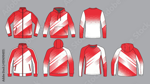 "Athletic League" Professional Teamwear Set with Vibrant Red and White Diagonal Gradient Patterns featuring Performance Track Jacket, Training Hoodie, and Long-Sleeve Tech Shirts