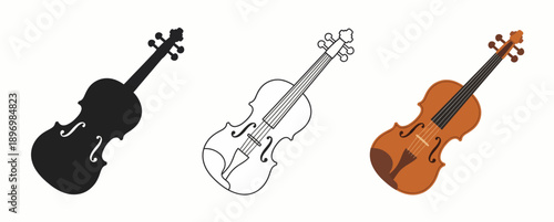 Artisan Violin Icon Set featuring Classical String Instrument Design in Silhouette, Minimalist Outline, and Natural Polished Wood Graphic Styles