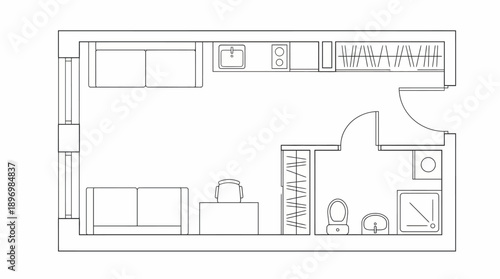 Minimalist Studio Apartment Floor Plan featuring Linear Architectural Blueprint of Living Area, Kitchenette, Bathroom, and Storage Space in a Simple Black Outline Design