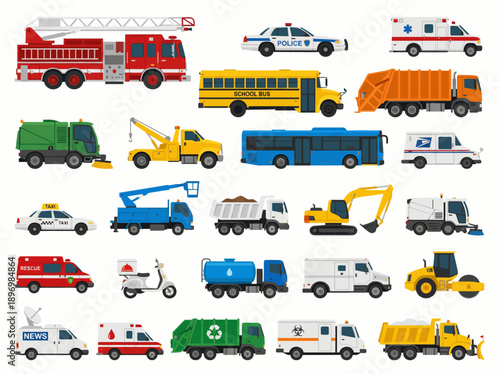 Comprehensive Service Vehicle Set with Colorful Illustrations of Fire Truck, Police Car, Ambulance, School Bus, Garbage Truck, and Construction Machinery