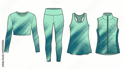 Women's Performance Activewear Set with Mint and Forest Green Diagonal Gradient Patterns featuring Long Sleeve Crop Top, High-Waisted Leggings, Racerback Tank, and Insulated Fitness Vest
