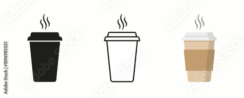 Disposable Takeaway Coffee Cup Icon Set with Hot Steam Design in Silhouette, Outline, and Kraft Paper with Protective Sleeve Graphic Styles
