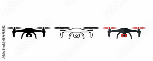 Modern Quadcopter Drone Icon Set with Camera Design in Silhouette, Outline, and Black with Red Propeller Flat Graphic Styles