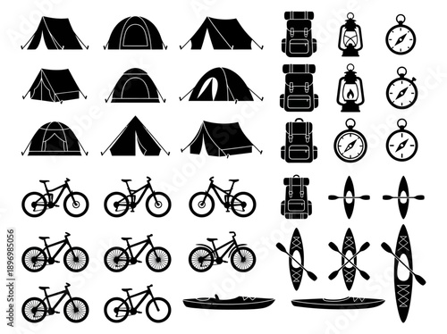 Outdoor Adventure Icon Set with Black Vector Silhouettes of Tents, Mountain Bikes, Kayaks, Backpacks, Lanterns, and Compasses