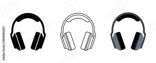Professional Over-Ear Headphones Icon Set featuring Studio Design in Silhouette, Outline, and Slate Grey Digital Graphic Styles