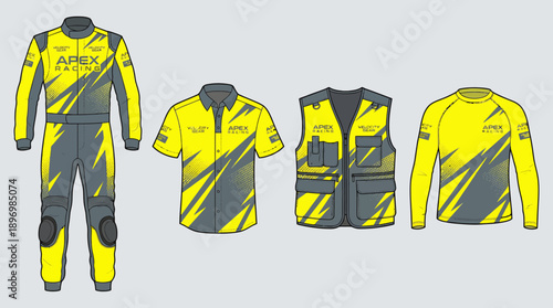 Apex Racing Team Apparel Set with Vibrant Yellow and Charcoal Grey Geometric Designs Including Professional Racing Suit, Pit Crew Shirt, Utility Vest, and Performance Jersey