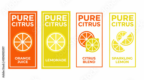 Minimalist Citrus Beverage Label Set with Orange and Lemon Illustrations for Juice Branding and Fruit Drink Packaging Design
