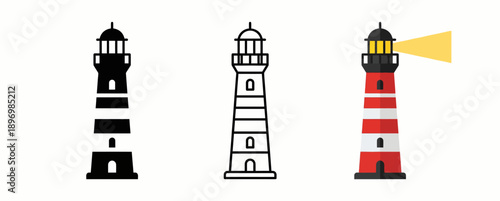 Classic Lighthouse Icon Set with Coastal Beacon and Light Beam in Silhouette, Outline, and Red and White Striped Flat Styles