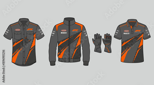 Racing Team Apparel Set with Professional Track Uniform Designs Including Pit Crew Shirt, Driver Jacket, Polo, and Racing Gloves in Orange and Charcoal