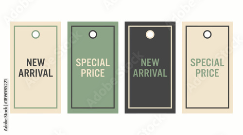 Minimalist Product Price Tag Set with New Arrival and Special Price Labels in Sage Green, Cream, and Charcoal Flat Designs