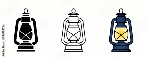 Vintage Oil Lantern Icon Set with Kerosene Lamp in Silhouette, Outline, and Classic Navy Blue Flat Graphic Styles