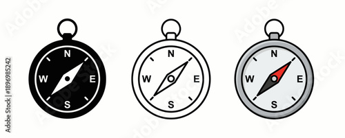 Navigation Compass Icon Set with Magnetic Needle in Silhouette, Outline, and Realistic Silver Metal Flat Graphic Styles