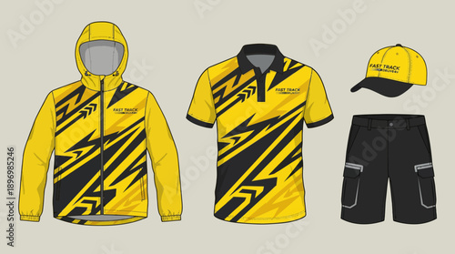 Custom Sports Team Uniform Set with Yellow and Black Athletic Apparel Designs Including Hoodie Jacket, Polo Shirt, Performance Shorts, and Cap